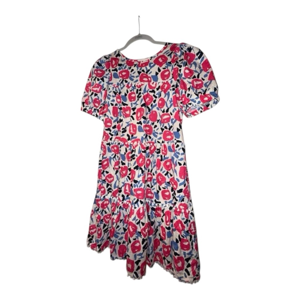 pink & navy & blue & white floral dress with pompom detailed trim, THML, euc, XS